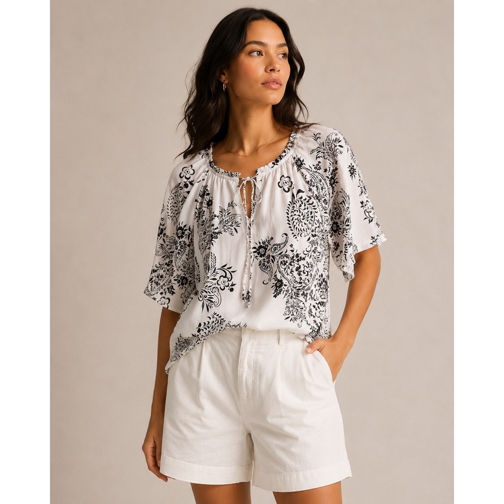 LOFT Womens XXL Black White Paisley Print Split Neck Tie Blouse NWT 38922527